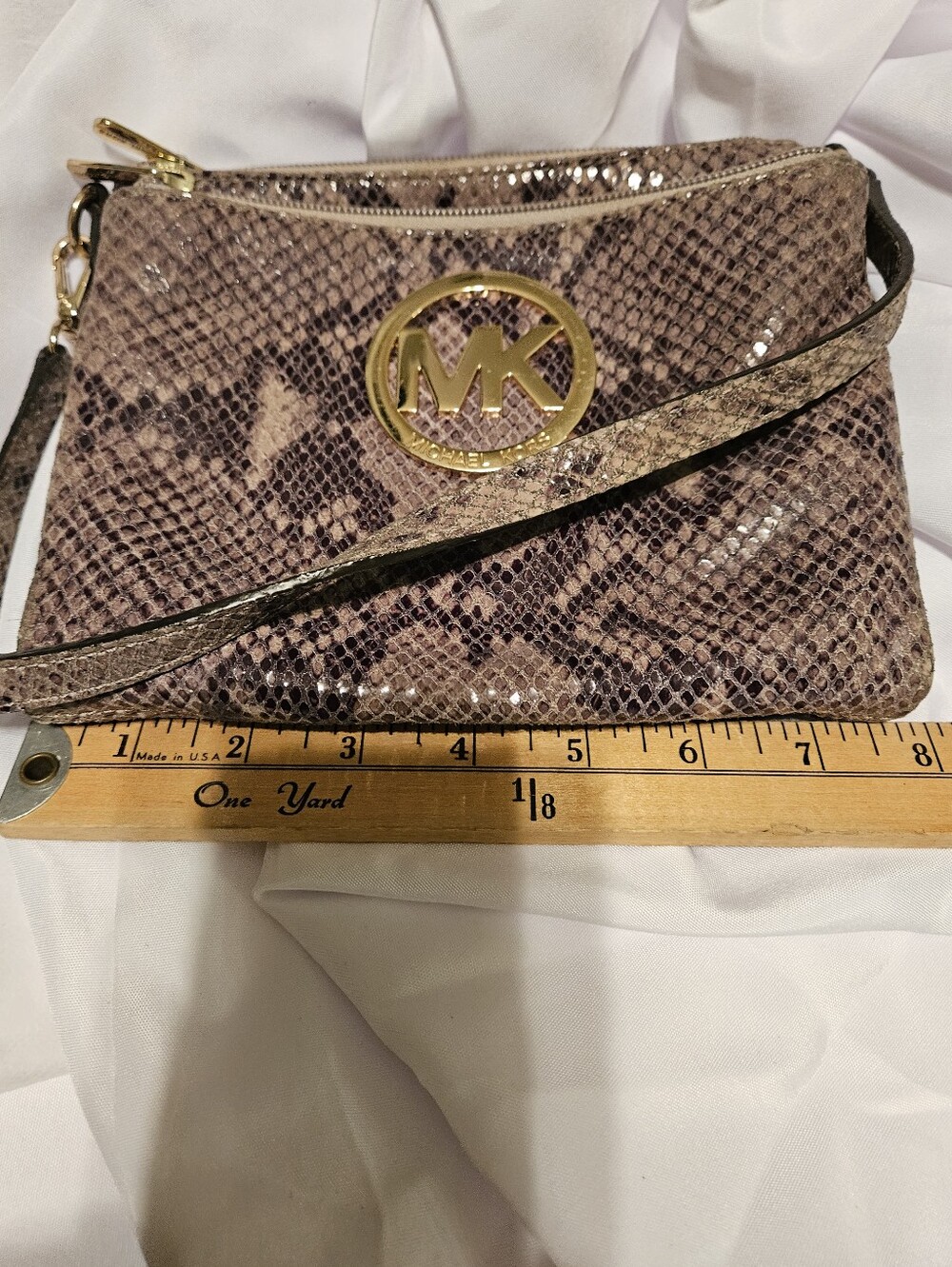 Michael Kors Snakeskin Python Print Leather Crossbody Bag Triple Zip Fulton Gold - Picture 7 of 15